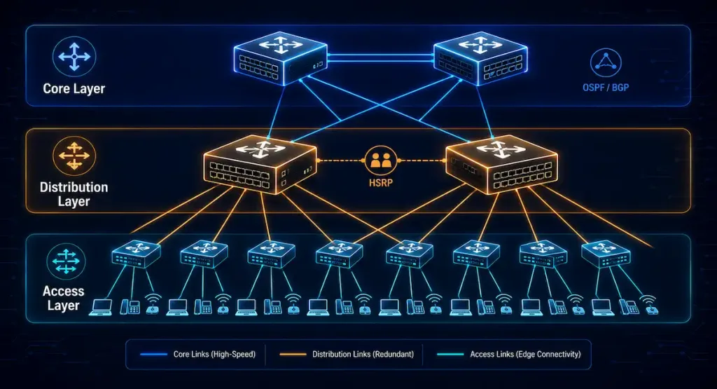 Cisco Borderless Networks: Hierarchical Campus Design Explained 2 Three-Tier Network Diagram Showing Access Layer Switches Connecting End Devices, Distribution Layer Switches With Hsrp Redundancy Aggregating Access Traffic, And Core Layer Switches Running Ospf Or Bgp As The High-Speed Backbone