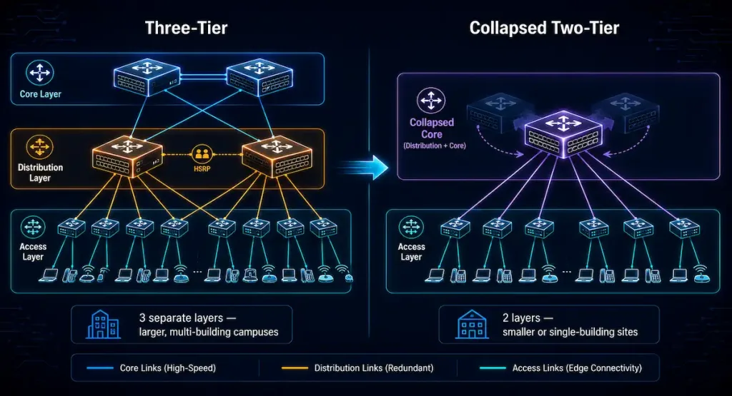 Cisco Borderless Networks: Hierarchical Campus Design Explained 3 Side-By-Side Comparison Of A Three-Tier Network Topology With Separate Access, Distribution, And Core Layers Versus A Collapsed Two-Tier Topology Where Distribution And Core Merge Into One Layer