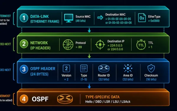 Exploded Diagram Showing An Ospf Message Wrapped In An Ospf Header, Then An Ip Header, Then An Ethernet Frame
