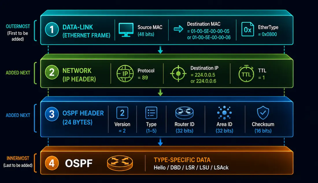 Ospf Encapsulation: How An Ospf Message Is Wrapped For Delivery 1 Exploded Diagram Showing An Ospf Message Wrapped In An Ospf Header, Then An Ip Header, Then An Ethernet Frame
