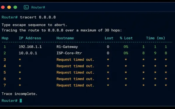 Terminal Window Showing Tracert Output With Two Successful Hops Followed By Request Timeouts