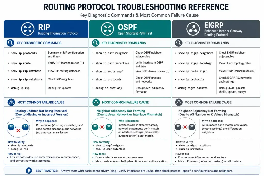 Dynamic Routing Algorithms: Distance Vector Vs. Link-State 5 Reference Chart Showing Troubleshooting Commands And Common Failure Causes For Rip, Ospf, And Eigrp