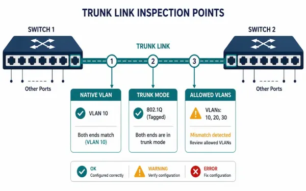 Diagram Showing A Trunk Link Between Two Switches With Three Troubleshooting Checkpoints Highlighted