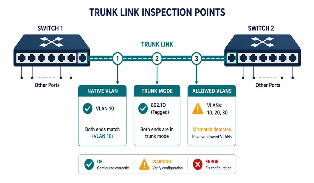 Trunk Link Problems And Troubleshooting 1 Diagram Showing A Trunk Link Between Two Switches With Three Troubleshooting Checkpoints Highlighted