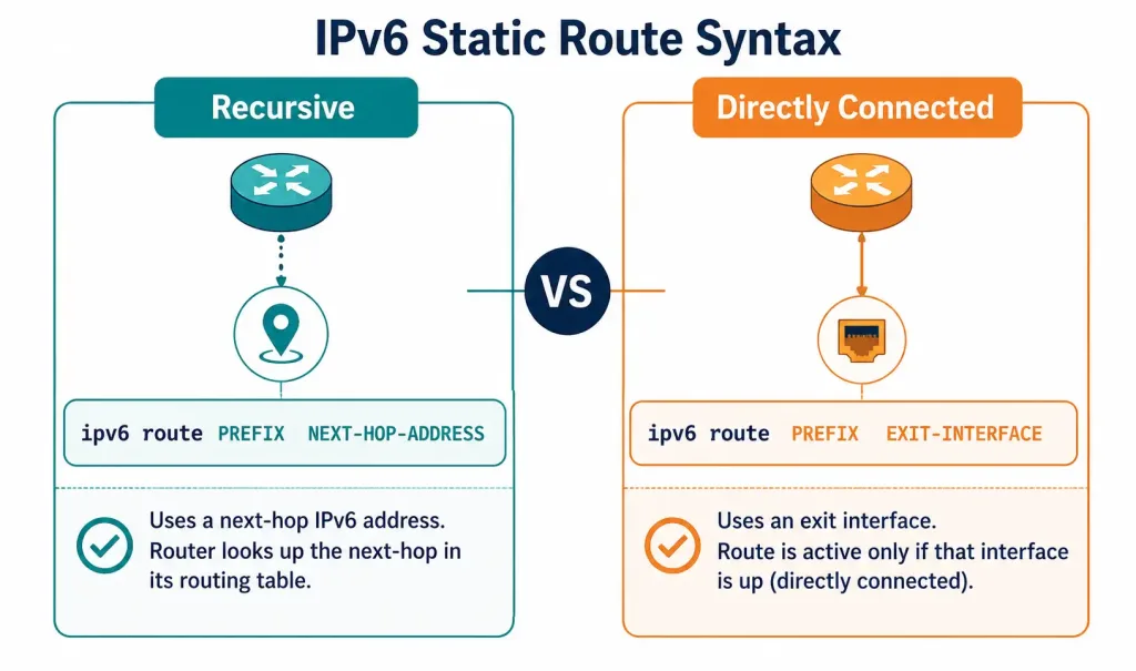 Static Ipv6 Routes: Next-Hop Address Vs. Directly Connected (Exit Interface) 2 Syntax Comparison Of A Next-Hop-Only Static Ipv6 Route Versus A Directly Connected Exit-Interface Route