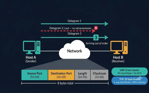 Udp Communication Diagram Showing Host A Sending Datagrams To Host B Through A Network Cloud With One Datagram Lost And No Retransmission, Alongside An 8-Byte Udp Header Structure Showing Source Port, Destination Port, Length, And Checksum Fields