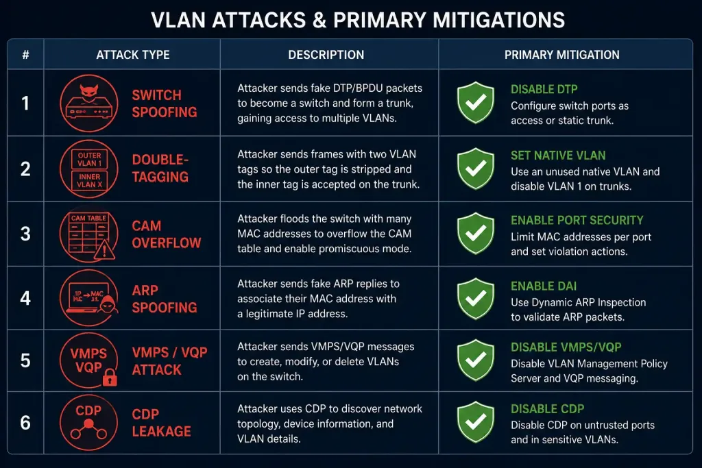Vlan Attacks: How They Work And How To Defend Against Them 5 Reference Chart Listing Six Vlan Attack Types Alongside Their Primary Mitigations