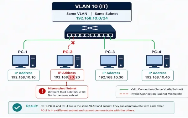 Diagram Showing Three Pcs Communicating Normally In A Vlan While A Fourth Pc With A Mismatched Ip Address Cannot Connect