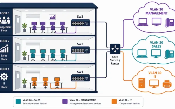 Diagram Showing A Single Switch With Ports Color-Coded Into Three Separate Vlan Broadcast Domains