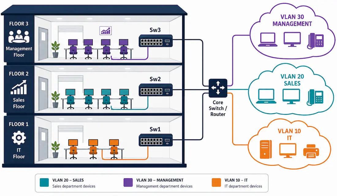 Virtual Lans (Vlans): Concepts, Types, And Configuration 1 Diagram Showing A Single Switch With Ports Color-Coded Into Three Separate Vlan Broadcast Domains