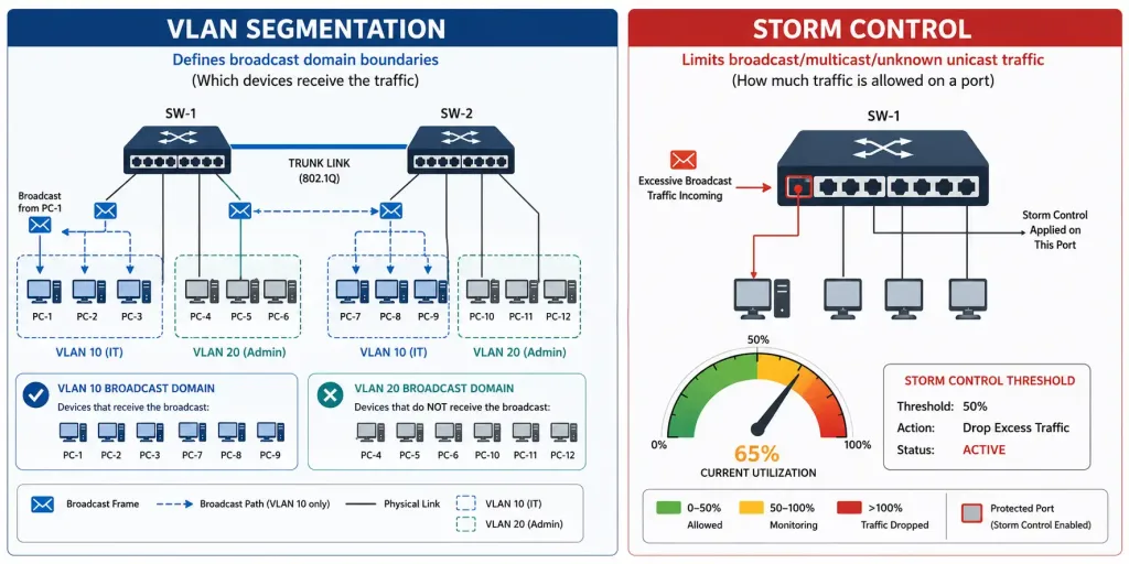 Controlling Broadcast Domains: Flooding, Vlans, And Storm Control 4 Comparison Diagram Showing Vlan Segmentation Controlling Which Devices Receive Broadcasts Versus Storm Control Limiting Broadcast Volume