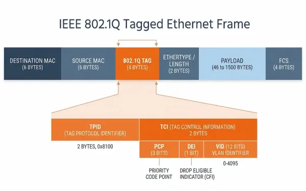 Diagram Of An 802.1Q Tagged Ethernet Frame Showing The 4-Byte Vlan Tag Broken Into Tpid And Tci, With Pcp, Dei, And Vid Subfields