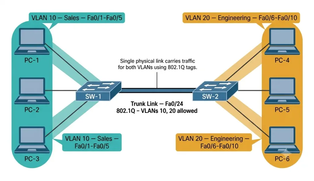 Vlan Trunking On Cisco Switches: Configuration And Troubleshooting Guide 2 Network Topology Diagram Showing Two Cisco Switches, Sw-1 And Sw-2, Connected By A Single Trunk Link On Fa0/24 Carrying 802.1Q Tagged Traffic For Vlan 10 And Vlan 20. Sw-1 Connects To Pc-1, Pc-2, And Pc-3 In Vlan 10 (Sales) On Ports Fa0/1 Through Fa0/5. Sw-2 Connects To Pc-4, Pc-5, And Pc-6 In Vlan 20 (Engineering) On Ports Fa0/6 Through Fa0/10.