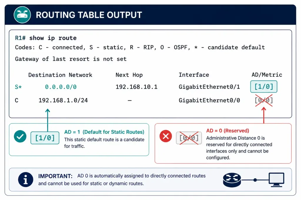 Directly Connected Static Routes: Configuration And When To Use Them 4 Routing Table Output Confirming A Directly Connected Static Route Keeps Administrative Distance 1, Not 0