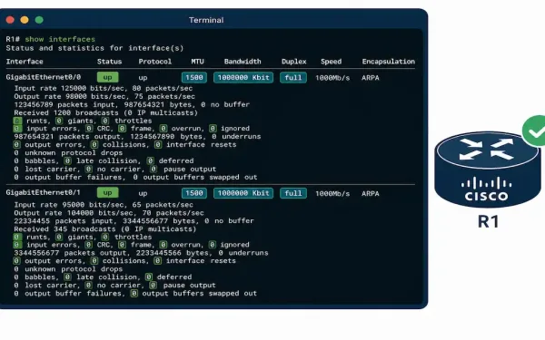 Terminal Window Showing Show Interfaces Output With Status, Mtu, Bandwidth, And Error Fields Highlighted