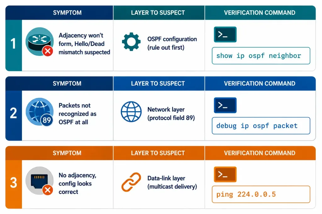 Ospf Encapsulation: How An Ospf Message Is Wrapped For Delivery 3 Ospf Encapsulation: Diagnostic Table Showing Three Ospf Adjacency Symptoms, The Layer To Suspect, And The Command To Check Each One