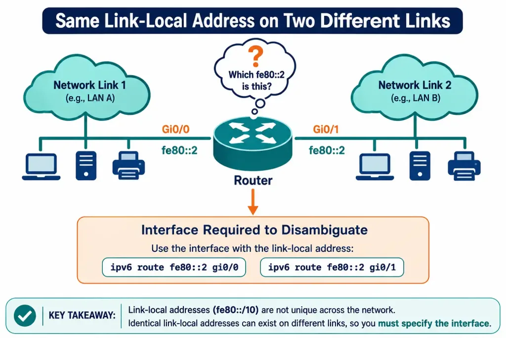 The Ipv6 Route Next-Hop Option: Global Vs. Link-Local, Explained 3 Diagram Showing The Same Link-Local Address Existing On Two Different Links, Disambiguated Only By Interface