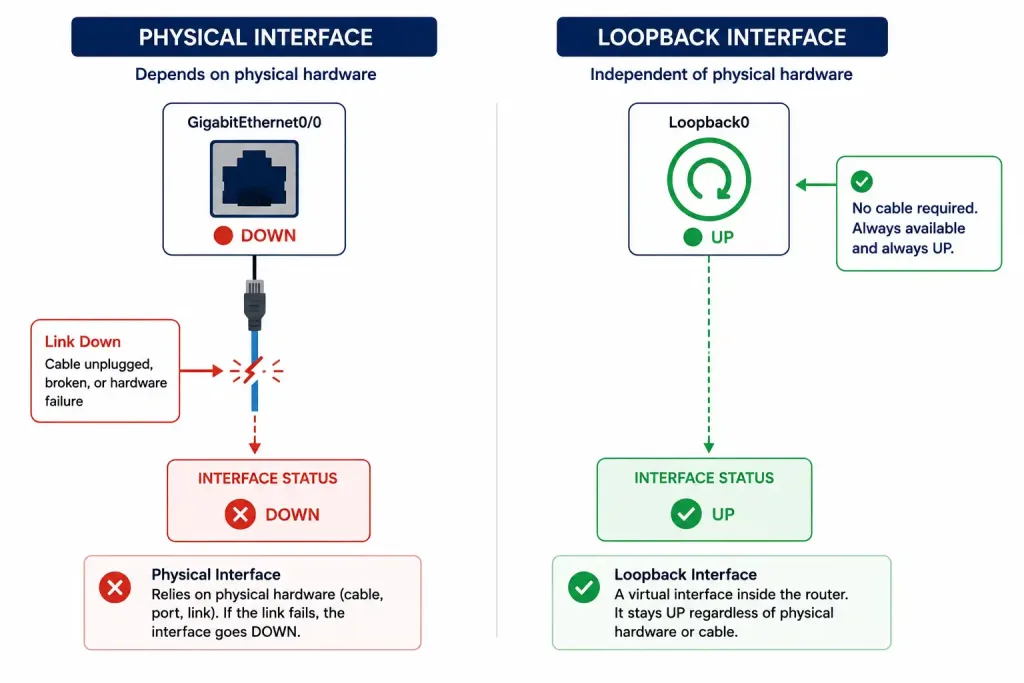 How To Configure An Ipv4 Loopback Interface 2 Comparison Diagram Showing A Physical Interface Going Down Due To A Cable Fault Versus A Loopback Interface Remaining Up With No Physical Dependency