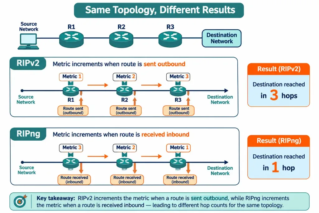 Ripng Configuration: Advertising Ipv6 Networks With Rip Next Generation 5 Timing Diagram Showing Ripv2 Incrementing Its Metric Outbound Versus Ripng Incrementing Inbound