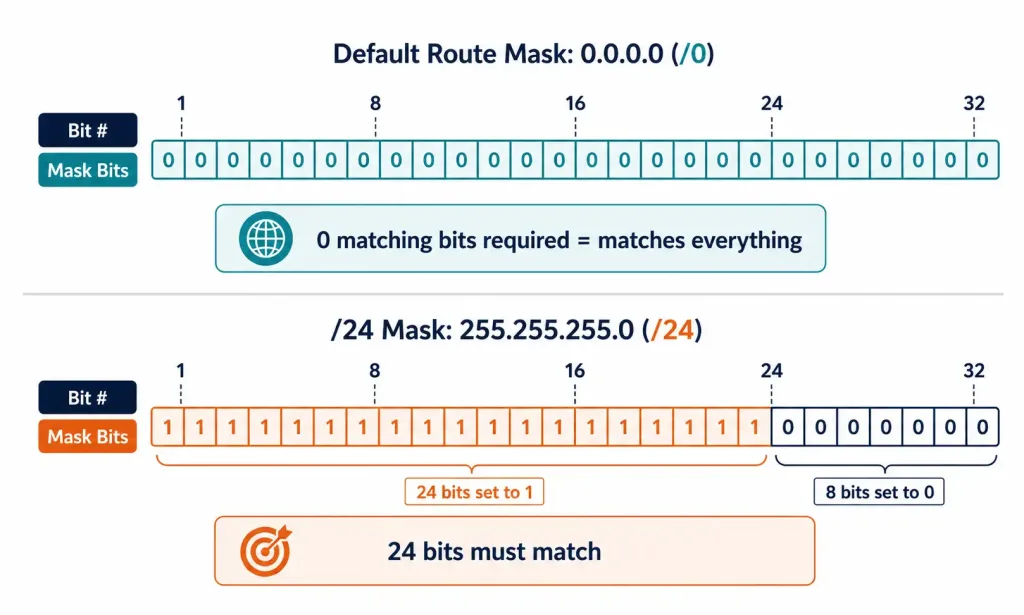 How To Configure A Default Route On A Cisco Router 4 Binary Comparison Of A /0 Mask Requiring No Matching Bits Against A /24 Mask Requiring 24