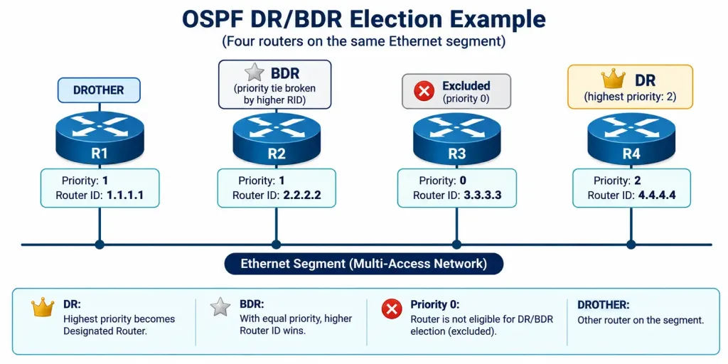Ospf Hello Packets: Structure, Timers, And Troubleshooting 5 Four-Router Dr/Bdr Election Example Showing Priority And Router Id Values With R4 Winning Dr, R2 Winning Bdr, And R3 Excluded At Priority 0