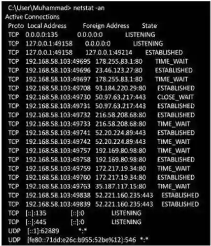 A terminal window showing the Netstat command output with active network connections, including local and foreign addresses, ports, and TCP states."