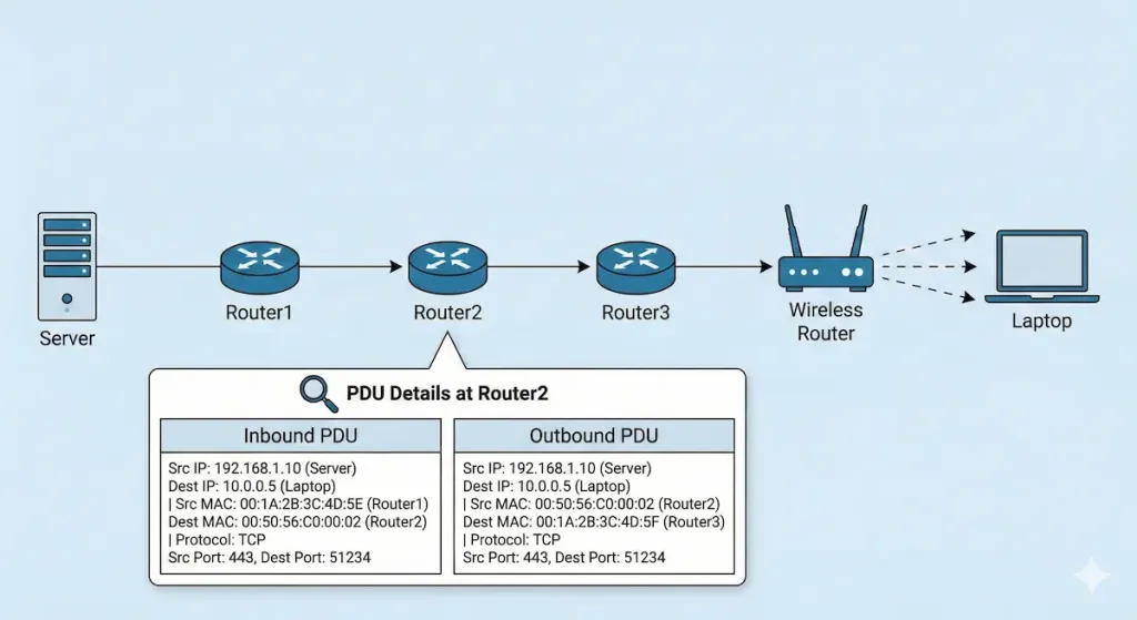 Router Switching Mastery: Unlock Efficient Packet Delivery (Updated 2025) 6 Network Diagram Showing The Connection Between A Server, Three Routers, A Wireless Router, And A Laptop. Pdu (Protocol Data Unit) Details Are Displayed At Router2, Illustrating Inbound And Outbound Data Packet Information, Including Ip Addresses, Ethernet Headers, And Ports Used.
