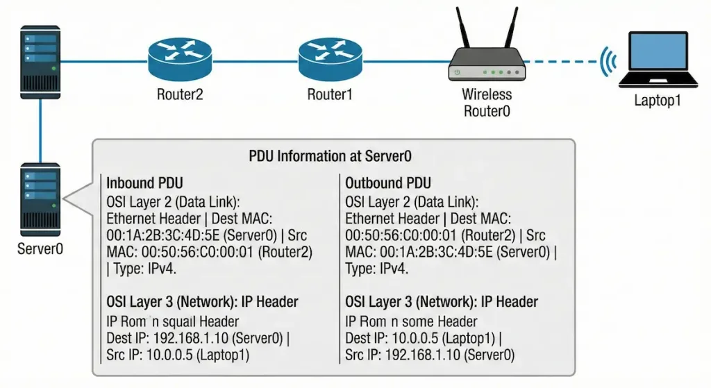 Router Switching Mastery: Unlock Efficient Packet Delivery (Updated 2025) 7 Network Diagram Showing The Connection Between Server0, Router2, Router1, Wireless Router0, And Laptop1. The Pdu Information At Server0 Shows Osi Model Details For Inbound And Outbound Packets, Including Ip Addresses And Ethernet Headers.