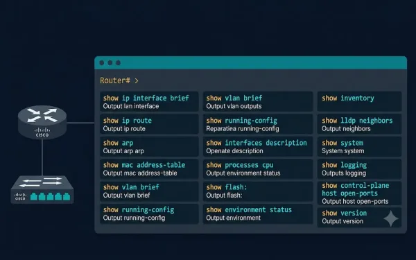 Dark Terminal Cli Window Displaying Cisco Ios Show Commands Including Show Ip Interface Brief, Show Ip Route, Show Arp, And Show Vlan, With A Router And Switch Icon Connected On The Left Side