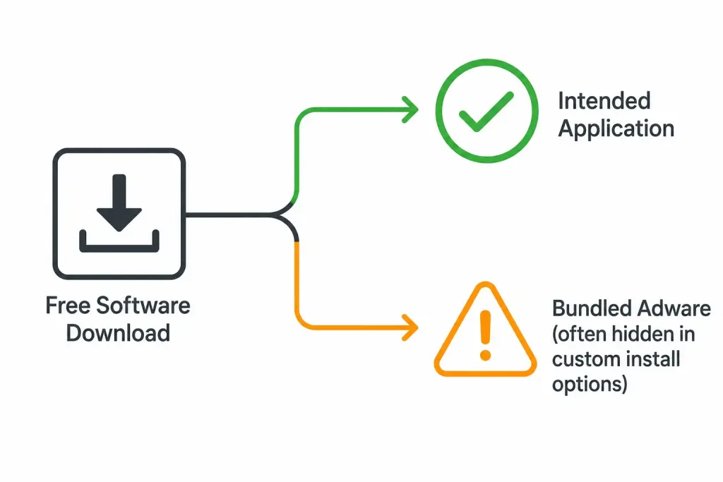 Spyware, Adware, And Scareware: Mechanics, Network Impact, And Defense 3 Flow Diagram Showing A Free Software Download Branching Into The Intended Application And Hidden Bundled Adware