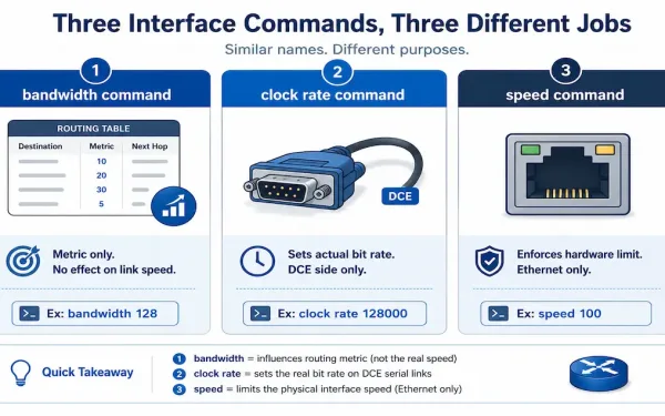 Three-Column Comparison Of Cisco'S Bandwidth, Clock Rate, And Speed Commands Showing What Each Affects And Example Syntax