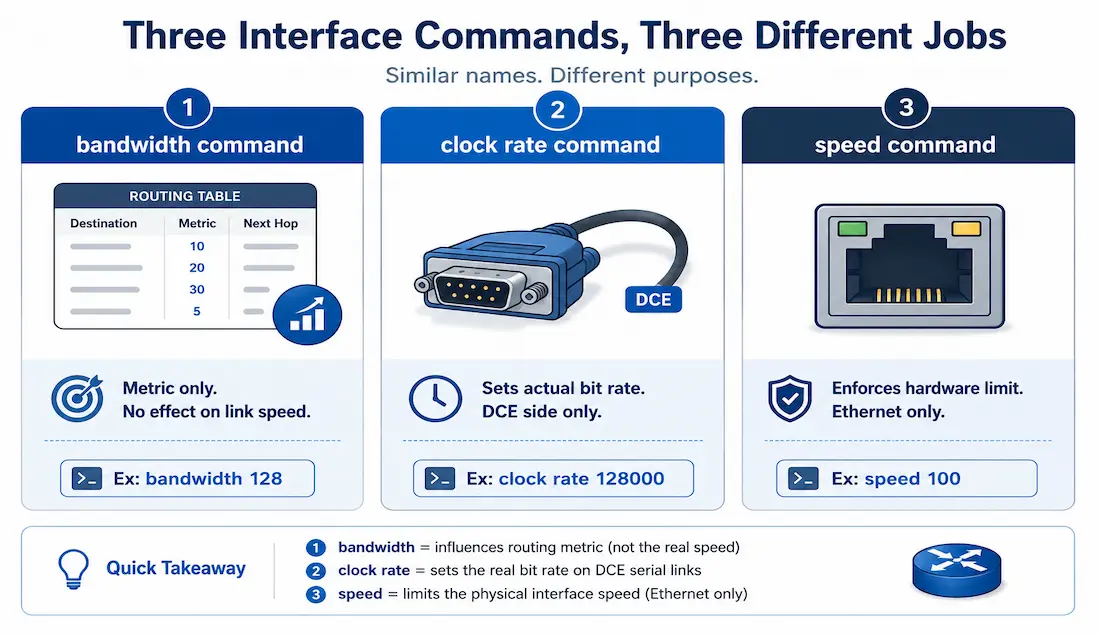 Understanding Cisco Interface Bandwidth: Configuration, Verification, And Routing Impacts 1 Three-Column Comparison Of Cisco'S Bandwidth, Clock Rate, And Speed Commands Showing What Each Affects And Example Syntax