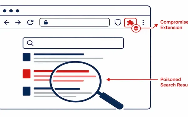 Diagram Showing A Browser Window With A Compromised Extension And A Poisoned Search Result Highlighted