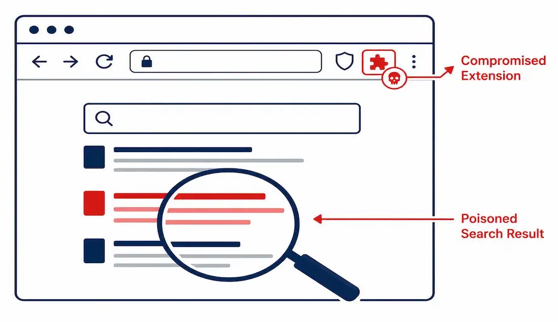 Browser Plugins And Poisoning: Risks, Exploits, And Defenses 1 Diagram Showing A Browser Window With A Compromised Extension And A Poisoned Search Result Highlighted