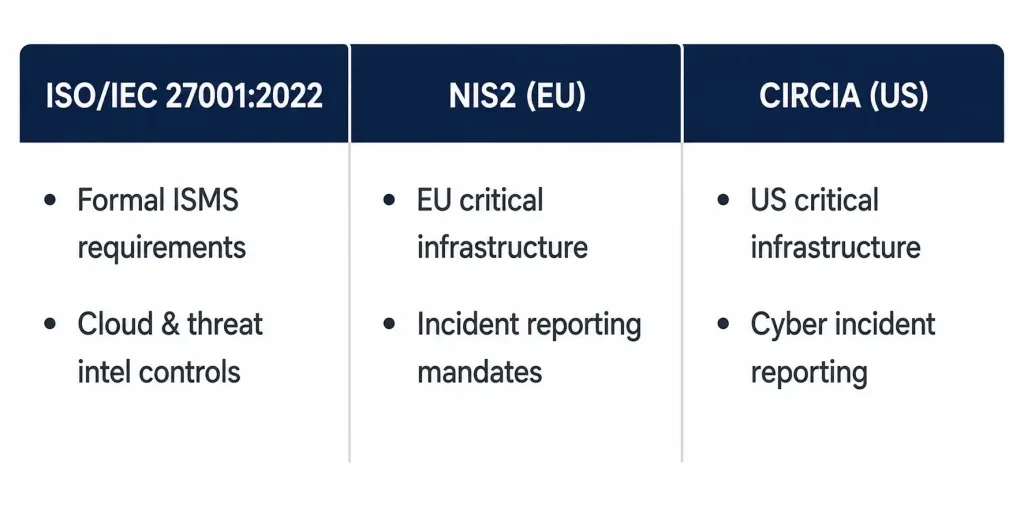 Thwarting Cybercriminals: Key Measures And Strategies 5 Three-Column Comparison Chart Of Iso/Iec 27001:2022, Nis2, And Circia Compliance Frameworks
