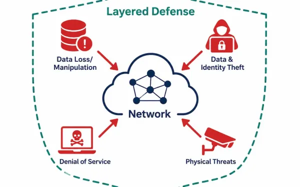 Diagram Showing Four Categories Of Network Security Threats Surrounding A Network, Encircled By A Layered Defense Shield