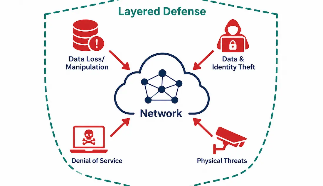 Cyber Security Threats And Defenses: A Practical Guide 1 Diagram Showing Four Categories Of Network Security Threats Surrounding A Network, Encircled By A Layered Defense Shield