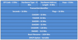 DHCPv4 message format table showing fields like OP Code, CIADDR, YIADDR, and DHCP options with bit lengths.