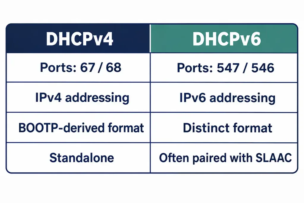 Understanding The Dhcpv4 Message Format 3 Two-Column Comparison Of Dhcpv4 And Dhcpv6 Covering Ports, Addressing, Message Format, And Typical Use Case