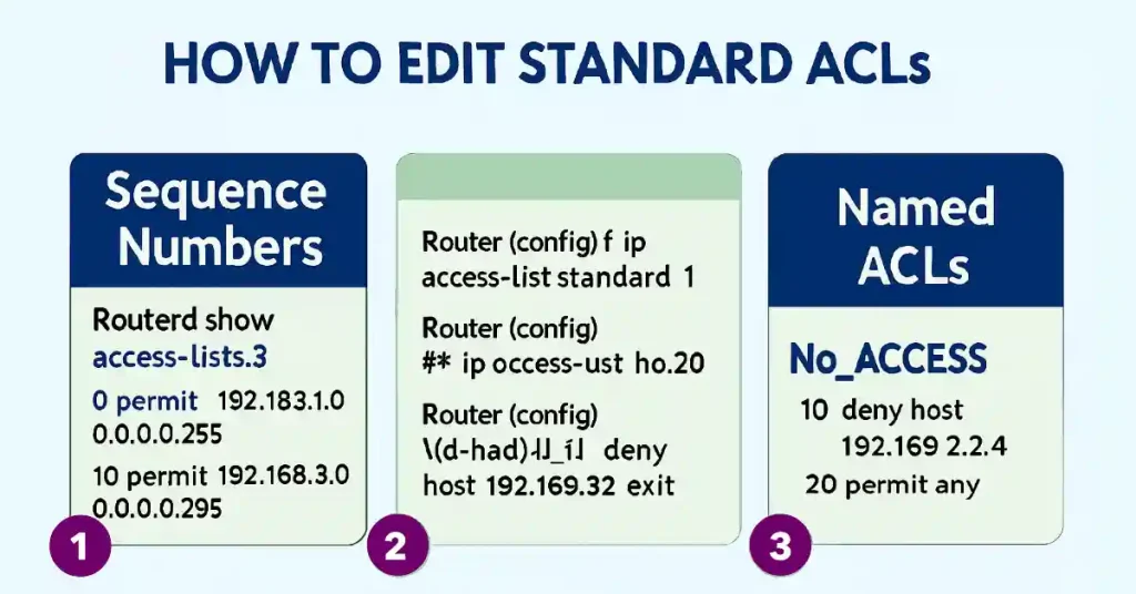 Infographic showing three steps to edit standard ACLs: sequence numbers, router config commands, and named ACL examples in Cisco networking.