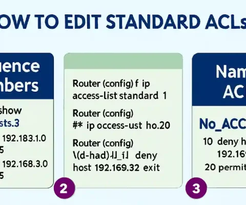 Infographic showing three steps to edit standard ACLs: sequence numbers, router config commands, and named ACL examples in Cisco networking.