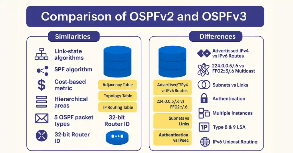 nfographic comparing similarities and differences between OSPFv2 and OSPFv3 routing protocols, including link-state features, metrics, areas, packet types, router ID, advertised routes, multicast addresses, authentication, and LSA types.