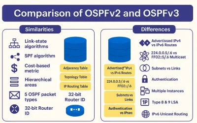 nfographic comparing similarities and differences between OSPFv2 and OSPFv3 routing protocols, including link-state features, metrics, areas, packet types, router ID, advertised routes, multicast addresses, authentication, and LSA types.