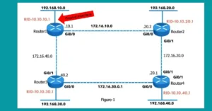 Network topology diagram showing OSPF passive interface on Router1's LAN connection with IP addresses and router IDs.
