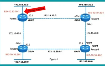 Network topology diagram showing OSPF passive interface on Router1's LAN connection with IP addresses and router IDs.
