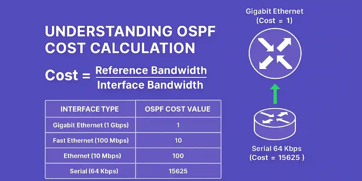 Infographic explaining OSPF cost calculation formula with reference bandwidth over interface bandwidth, including table of costs for Gigabit Ethernet (1), Fast Ethernet (10), Ethernet (100), and Serial 64 Kbps
