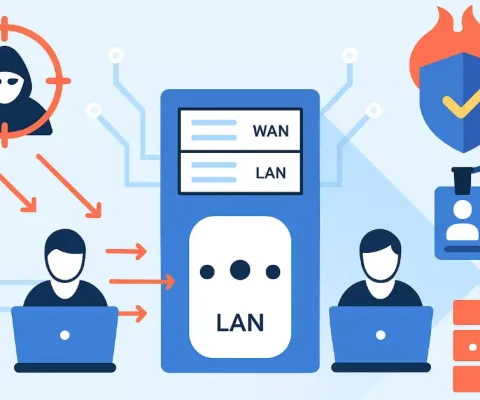 Infographic of network security showing a hacker targeting WAN/LAN router, users on laptops, and defenses like shield, badge, and firewall bricks