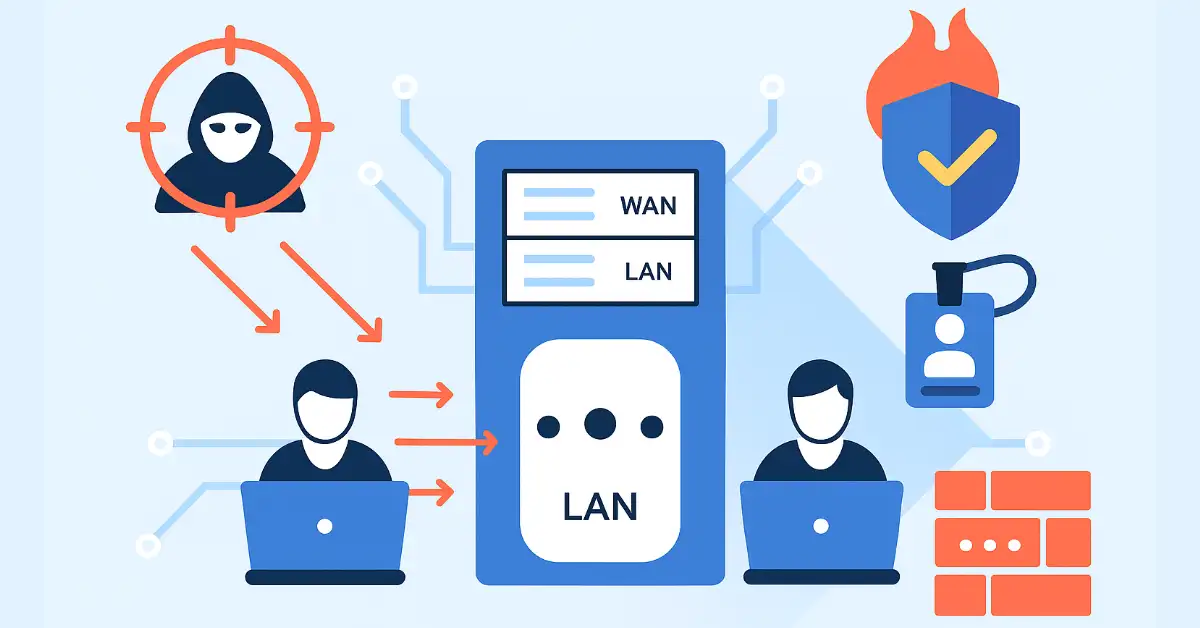 Infographic of network security showing a hacker targeting WAN/LAN router, users on laptops, and defenses like shield, badge, and firewall bricks