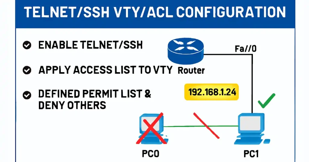 Infographic showing Cisco router VTY access control using Telnet/SSH and ACLs. Includes a centered title, configuration steps, and a network diagram with PC0 denied and PC1 permitted access to router R3.