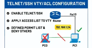 Infographic showing Cisco router VTY access control using Telnet/SSH and ACLs. Includes a centered title, configuration steps, and a network diagram with PC0 denied and PC1 permitted access to router R3.